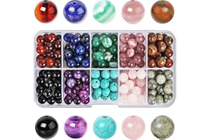 SOSMAR 200pcs Stone Beads, 8mm Crystal Round Beads for Jewellry Making, Rose Quartz/Lapis Lazuli/Turquoise/Agate Craft Bead for Bracelet Necklace Jewellery Making Kits Adults, 10 Colours