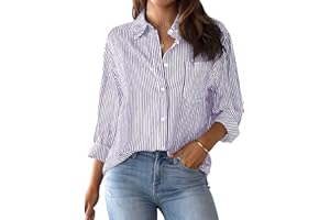NONSAR Elegancka bluzka damska z długim rękawem w paski, koszule z guzikami, na co dzień, do biura, pracy, bawełna, tunika, koszula, top