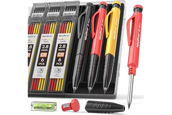 Nicpro 3 Pièces Crayons de Charpentier, Crayon Chantier avec 36 Mines, Crayon Marqueur à Trou Profond avec Taille crayon Intégré, Porte-Mines pour Travail du Bois, Chantier de Construction, Architecte