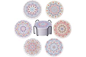 STARUBY Drink Coasters Set of 6 Ceramic Coaster Beautiful Absorbent Coaster Drink Mat with Cork Base Flower4 Patterns Round Coaster Non Slip for Coffee,Beer,Mug,Wine Glass Bottle,Home and Bar