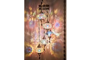 DEMMEX Lámpara de araña de mosaico turco marroquí, lámpara colgante de techo, luz de enchufe con cable de 4,5 metros, cadena y enchufe, no requiere cableado, 5 pantallas grandes, cuelga 110 cm