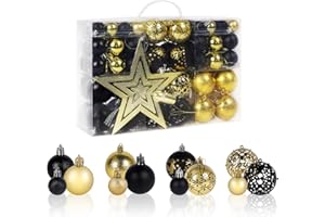 Agoer 101 bombek bożonarodzeniowych, czarno-złote, 3/4/6 cm, mieszane bombki świąteczne, odporne na pękanie, łańcuchy z koralików, ozdoba na drzewo, wykwintne plastikowe bombki na Boże Narodzenie,