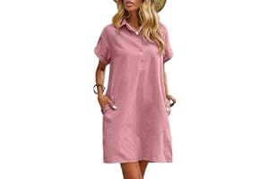 Zeagoo Vestido de verano para mujer, vestido de lino hasta la rodilla, vestido de playa casual, vestido de manga corta, vestido camisero de verano, vestido casual con bolsillos
