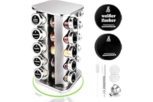 SAEIV Rotation Gewürzregal Stehend | Gewürze drehteller organizer | 20 100ml-Gewürzgläser | Fünflagig Gewürzregale Drehbar | Deutsch Gewürzetiketten | Küche Regal | Gewürz Organizer