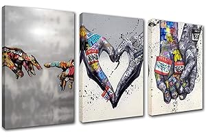 WALARKY Banksy Street Art Decor Graffiti main tenant la main peintures pop Aamd Hand of God Art mural 3 panneaux sur toile Décoration moderne encadrée prête à accrocher (106,7 x 50,8 cm)