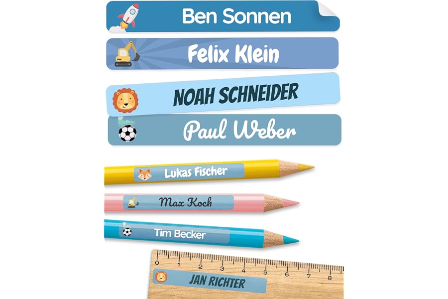 melu kids® Namensaufkleber Kinder für Schule & Kita (75 Stück) - Personalisierte Aufkleber mit Namen für Stifte und alle Schu