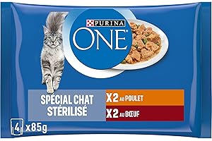 PURINA ONE | BIFENSIS | Chat Adulte Stérilisé | Aide à contrôler Le Poids, et à Maintenir Un système urinaire sain | Effilés en Sauce | Poulet, Boeuf | Sachets Fraîcheur | Lot de 12 x (4 x 85g)
