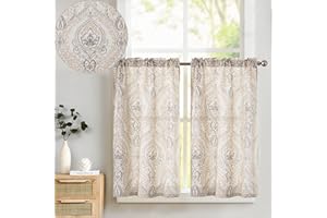 ‎TOPICK TOPICK Scheibengardine Leinen Vorhang Vintage Bistrogardine Landhaustil Blumen Bedruckt Gardine Geblümt Scheibengardinen Blickdicht für Küche Wohnzimmer Landhaus 2er-Set Braun auf Beige 65B x 90H(cm)