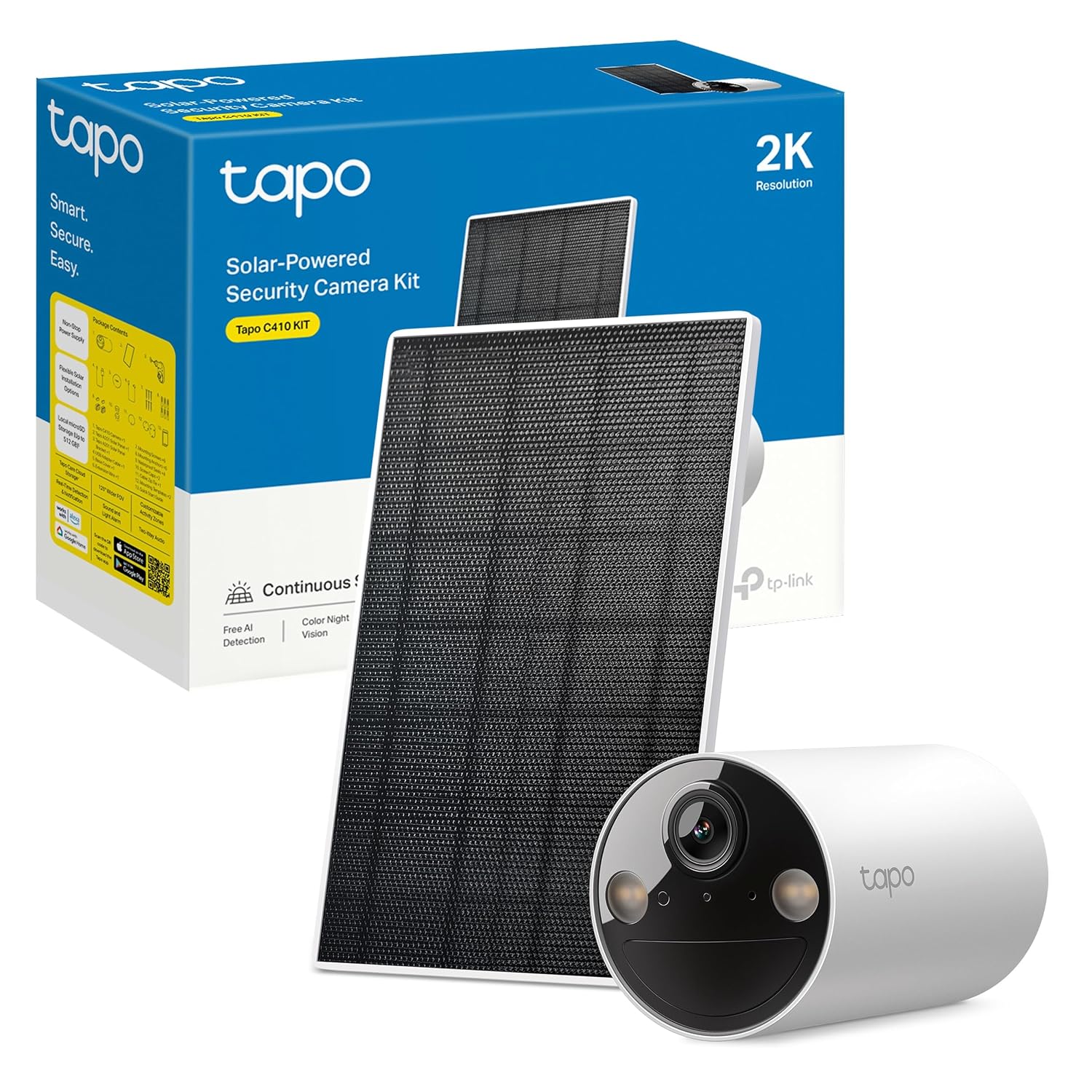 Tapo C410 Kit - Cámara de Vigilancia WiFi Exterior, Panel Solar, 2K 3MP, IA | Detección de Movimiento y Personas. Batería 6400mAh. Visión Nocturna a Color. Alarma Luz y Sonido. Admite MicroSD. App Tapo.