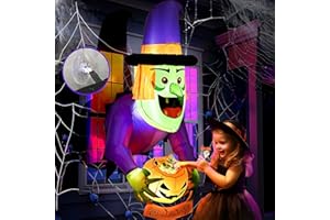‎SOLPEX Solpex Halloween deko, Halloween Aufblasbar Hexe Dekoration mit Kürbis, 135cm/ 4FT Eingebaute weißes LEDs, Gruseliger aufblasbarer Hexe für Party, Garten, Fenster (grün & lila)