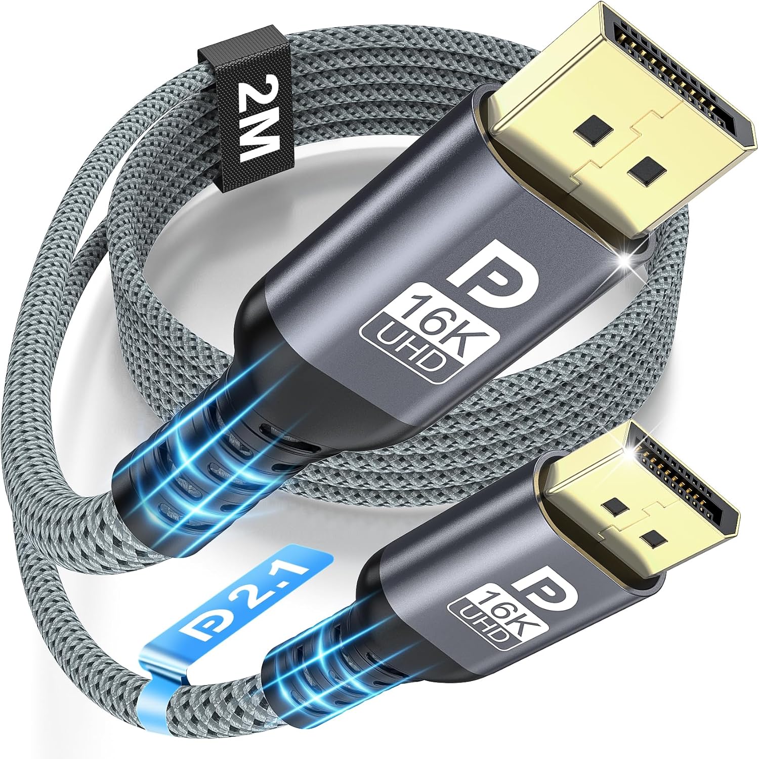 NORSHY Cable DisplayPort 2.1 16K, Cable DP 2M, 16K@60Hz, 8K@120Hz, 4K@240Hz/165Hz/144Hz 80Gbps, HDR, FreeSync, G-Sync, DSC 1.2a, HDCP 2.3 para Gaming PC Monitor TV Pantallas de Juego
