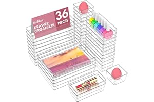 Radikor 36 Piezas Organizadores de Cajones de Plástico Transparente, Separadores de Cajones de Escritorio de 4 Tamaños, Bandejas de Almacenaje para Maquillaje, Baño, Oficina, Cocina