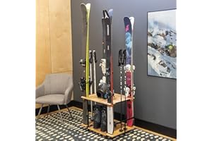 Teal Triangle Ski Storage Rack for Garage - Freestanding Ski Holders for 4 Pairs of Skis, Ski Boot, Poles, Helmet and More, Heavy Duty Steel Floor Stand Ski Organizer for Garage Basement