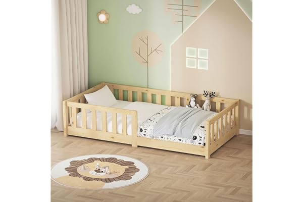 ML-Design Barnsäng 80x160 cm Natur, Golvsäng för Småbarn med Starkt Lattenrost och Rausfallskydd, Junior Säng i Hållbart Mass