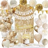 Birthday Decoration Gold Beige White Birthday Balloons, Happy Birthday Banner, Gold Foil Curtains, Pompons, Sash for Happy Bi