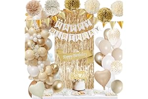 QGKFFOB Geburtstagsdeko Gold, Beige Gold Weiß Party Deko Geburtstag Set mit Happy Birthday Banner, Konfetti Luftballons, Lametta Vorhänge, Geburtstags Schärpe, Pompons für Frauen Mädchen Geburtstag Deko