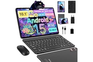 fezawio Tablette Android 15 avec 5G WiFi 10 Pouces 30Go RAM + 128Go ROM(2To Extensible), Widevine L1, Octa-Core 2.0GHz/8000mAh/8+5MP/Double Haut-parleurs Tablettes avec Clavier+Souris et Cas-Gris