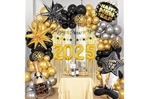 JOYEUVIE 127 Pezzi 2025 Nuovo Capodanno Palloncini Ghirlanda New Year Feste Decorazioni Oro Nero Palloncini Happy New Year Banner 2025 Lamina Palloncini Oro Frangia per Nuovo Capodanno Feste Decor