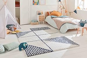 Nazar Tapis Salon Chambre Enfant, Shaggy, Tapis Berbere, Motif Azteque, Multicolore, Poil Long Doux, Tapis Chambre, Tapis Chambre, Tapis Bébé, Tapis Chambre Bébé, Tapis Doux (120x160 cm, 131 Bleu)
