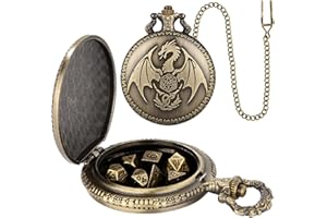 KELLER & WEBER Mini DND Dice Set with Steampunk Dragon Pocket Watch Case, 7-Piece Polyhedral Metal D&D Dice Set, DND Gifts with Gift Box, Greeting Card, Role Playing Board Game Accessories Dice, Bronze
