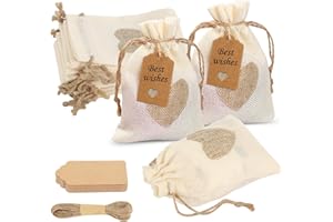 BAVUNV 25 Stück Jutesäckchen, 10 x 14 cm Kleine Stoffbeutel Jute Geschenktüten mit Kordelzug, Jutebeutel mit 25 Geschenkanhänger und 10 m Schnur für Hochzeitsgeschenke Party Weihnachten
