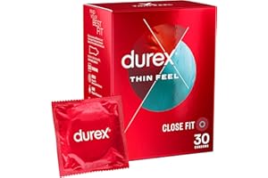 Durex Thin Feel Condoms, Close Fit, 30s, Secure, Tighter, Natural Latex, with Silicone Lube, Easy On Shape