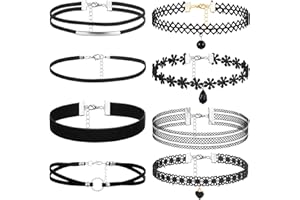 QFGasre 8-Piece Black Choker Set Made of Lace and Velvet Multilayer Classic Choker Set Velvet Collar for Women Adjustable Gothic Punk Halloween Classic