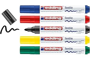 edding 4500 textile marker - black, red, blue, green, yellow - 5 pc. - round nib 2-3 mm - permanent fabric markers for drawing on textiles, wash-resistant up to 60°C - marker pens for fabric lettering