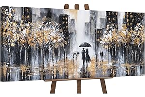 YS-Art Acryl Gemälde Stadt auf Leinwand mit Gold akzenten handgemalt Wandbild Wohnzimmer moderne Bilder schwarz weiß Wohndekor für wohnzimmer 115x50 cm