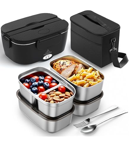 QUIFOZE 1L Gamelle Chauffante Avec Batterie,Lunch Box Chauffante Avec Temporisation,Étanche Et Lavable, Adapté Pour Les Employés De Bureau/ Chauffeurs/Ouvriers Du Bâtiment (Blanc/Noir) (Blanc-noir