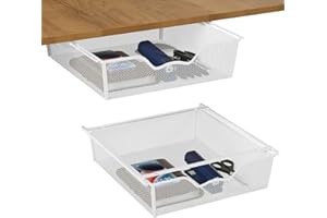 YBING Cajón para debajo del escritorio, paquete de 2 cajones de almacenamiento blancos para debajo de la mesa, organizador de cajones de malla deslizante debajo de la mesa, cajón oculto de metal para