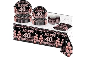 TOPWAYS 40 Anni Compleanno Oro Rose Nero Carta Piatti Set, Carta Piatti Tazze Tovaglia Stoviglie 40 Anni Compleanno Decorazione Regalo di Festa per Donna 16 Ospiti
