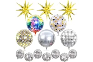 OUMUAMUA Disco Ball Balloons- 18Pcs Large Disco Balloons 22” 10 Inch Mixed 4D Round Metallic Disco Mylar Balloons Gold Exploding Star Balloons for 70s 80s 90s Disco Themed Party Decor