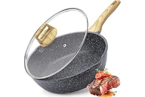 GiPP Nonstick Deep Frying Pan - 4.3L Grey Granite Saute Pan with Lid, Pour Spout and Stay-Cool Handle, Non Stick Skillet Non Toxic Cooking Pan Induction Cookware, PFOA Free(Grey, 28cm)