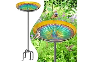 FALOSTWER Vogeltränke Stehend Für Garten, 100cm Vogeltränke Winterfest Mit Erdspieß, Vogelbad Garten Stehend Frostsicher, Freistehend Metall Vogelbecken Schüssel Wassertränke (Pfauen, Blau)