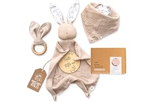 Mikito Baby Geschenk Junge & Mädchen/Neugeborenen Geschenk mit Musselin Schnuffeltuch + Beißring + Lätzchen + Baby Holzschild/Geschenk zur Geburt