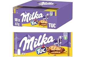 ‎MILKA Milka Alpenmilch Schokolade & TUC Cracker 18 x 87g, Zartschmelzende Schokoladentafel mit gesalzenen Crackern | 87 g (18er Pack)