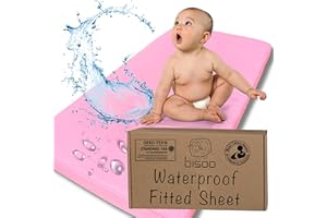 Bisoo Waterproof Fitted Sheet 160x80 cm / 32x63 in - 2in1 Fitted Sheet Mattress Protector Made of 100% Jersey Oeko-Tex + PU for Junior Toddler Cot Bed - Soft & Silent - Pink