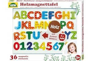 Lena 65822 – Holz Magnettafel Set, magnetische Tafel ca. 44 x 38 cm mit 26 Buchstaben und 10 Zahlen, Lernspielzeug für Kinder ab 3 Jahren zum Schreiben und Rechnen, Mehrfarbig