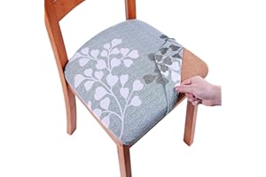 Homaxy Stretch Chair Seat Covers for Dining Room Set of 6, Elastic Dining Chair Seat Protector Cover Removable Washable Chair Slipcovers with Ties, Grey Leaves