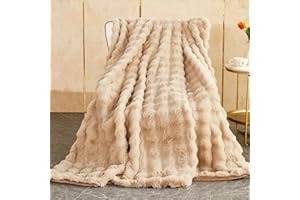 SHANNA Miękki, ciepły koc ze sztucznego futra królika, gruby, 1000 g/m², narzuta ze sztucznego futra, z falbankami, puszysty koc na łóżko, sofę, do biura (khaki, 180 x 230 cm)