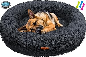 Lovpet® Dog Bed, Dog Cushion, Cat Bed, Bagel, Washable, includes Bowl and 3 x Chew Bones, Dog Sofa, Fluffy Cushion, Round, Plush Cushion for Small, Medium and Large Dogs, Cats (3XL, Diameter 100 cm,