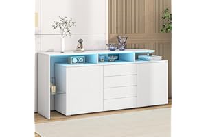 Ymkua Sideboard, Buffetschrank, Kommode mit 2 Türen und 4 Schubladen, Wohnzimmerschrank, Standschrank, TV-Schrank, Wohnzimmerwand, LED-Vitrine, Buffetschrank Esszimmer, 160x35x70 cm (White)