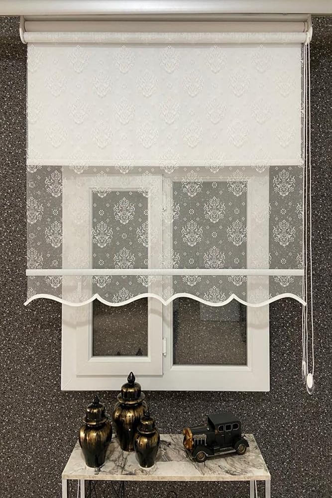 İNCİLİFE Çift Mekanizmalı Damaks Desenli Tül ve Stor Perde Kırık Beyaz (Alüminyum Kasa), 150 x 200 cm