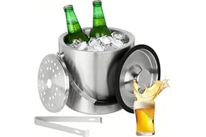 DUBUOZA 2.0 L Eiswürfelbehälter, Eiskübel mit Deckel,Eiswürfelbehälter Edelstahl mit Clips und Sieb, Tragbar Eiskühler, Perfekt zum Kühlen von Bier, Champagner und Weinflaschenkühler