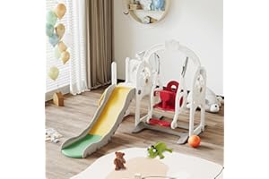 TIMORWTF Tobogán para niños 6 en 1,Tobogán para la apariencia del barco pirata, conjunto de columpio y diapositiva para niños, con columpio, telescopio, deslizador, Baloncesto, Blanco