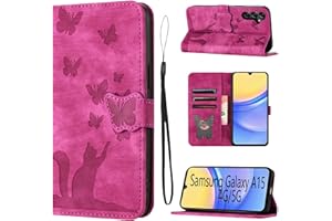 LSPCASA Phone Case For Samsung Galaxy A15, Cat Butterfly Pattern, Pink, PU Leather, Flip Case With Card Slots