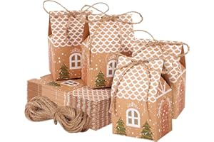 LANJUE 42 Pcs Boxes, Xmas Kraft Paper Candy Boxes with Hemp Ropes, Sweets Gift Box for Christmas Party Decorations (Folded: 2.7x1.9x4.1 Inches)