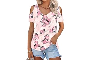 WNEEDU Women Summer Cold Shoulder Tops V Neck Short Sleeve Casual T Shirt 2024