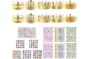 TSHAOUN 10 Pcs Party Hats, Golden Paper Crowns with 6 Sheets Self-Adhesive Rhinestone Stickers and 6 Sheets Number Letter Stickers for Kids Adults Birthday Celebrate Queen Party Decorations